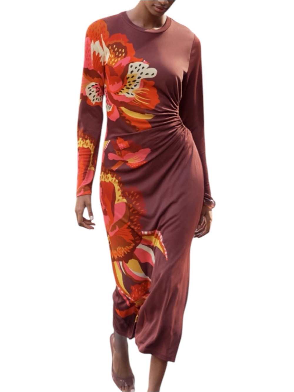 Farm Rio Long Sleeve Jersey Midi Dress XL Lucia Bodycon Burgundy Cut Out Floral